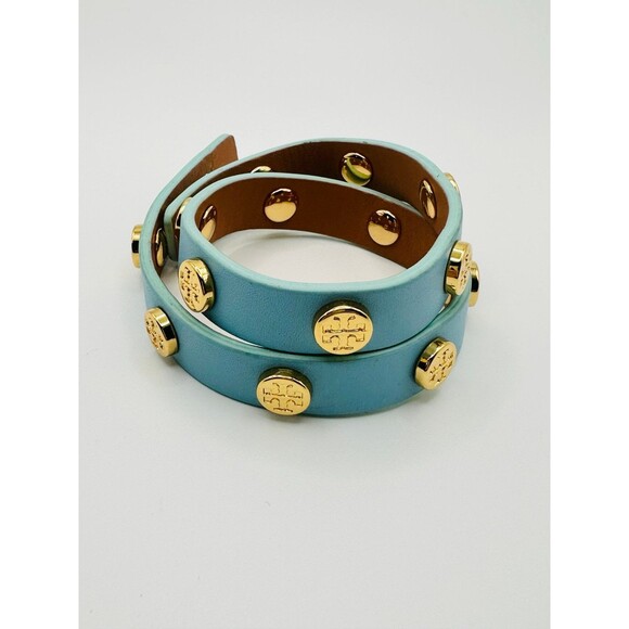 アクセサリー Tory Burch Double Wrap Bracelet Blue USA Tory Burch blue leather double wrap Bracelet